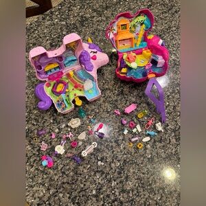 Polly Pocket 2021 Flamingo & 2019 Unicorn Party Playsets W/ Accessories Lot